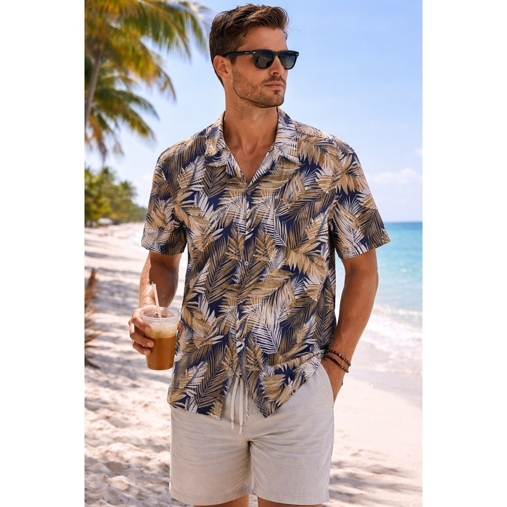 J.Crew Mens Camp Shirt Short Sleeve Collar Tropical Palm Leaf Print XL Beach‎